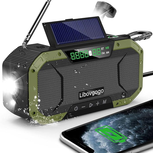 Emergency Radio Waterproof Bluetooth Speaker,Portable Digital AM FM Radio with Flashlight,Reading Lamp,Hand Crank NOAA Weather Radio with Solar Panel,5000mAH Cell Phone Charger,Emergency Survival Kit