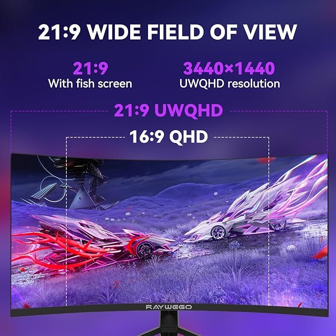 34'' Curved Gaming Monitor 165Hz UWQHD 3440×1440P Monitor,PIP/PBP, HDR, 300nits 1ms,127% sRGB FreeSync & Eye-Care, Support VESA,Tilt Adjustment,HDMI×2 & DP 1.4×2(DP Cable Included)