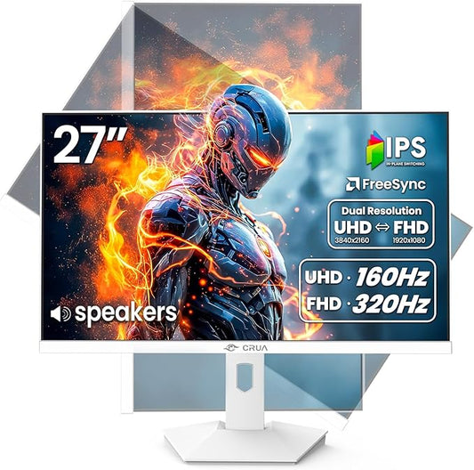 CRUA 27” Gaming Monitor, IPS UHD 3840x2160 4K 160Hz / FHD 320Hz Dual Mode White Computer Monitor, Rotating/Pivot & Height-Adjustable, AMD FreeSync, Built-in Speakers, PIP/PBP, HDMI 2.1 & DP 1.4
