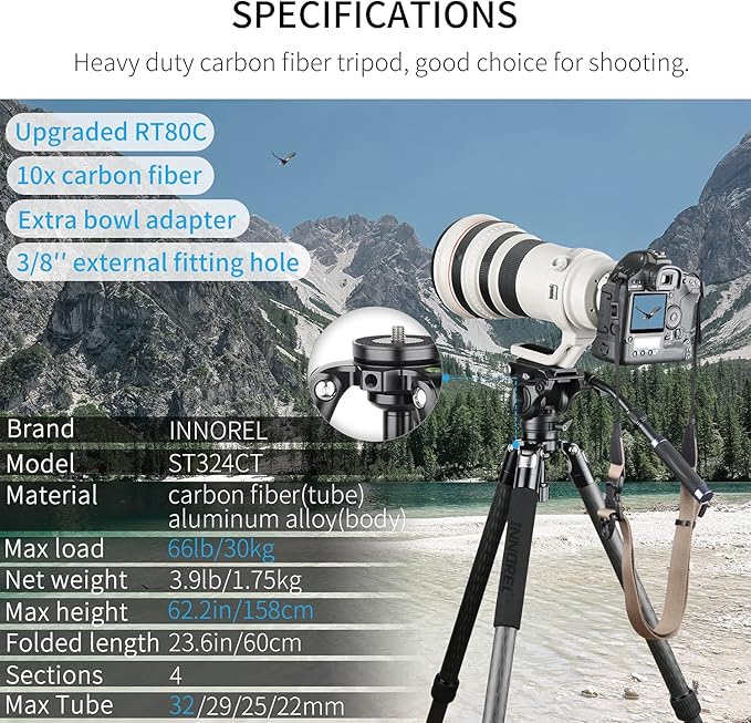 INNOREL ST324CT/ST324CF Carbon Fiber Tripod Max Height 160cm Max Load 30kg Max Tube Dia 32mm Professional Birdwatching Heavy Duty Camera Stand (Rotate Lock)