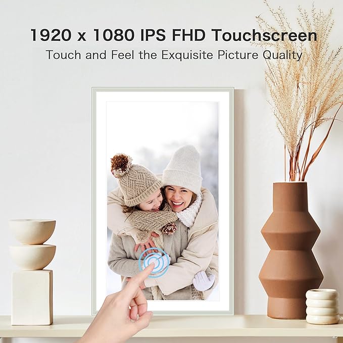 Digital Picture Frame, 15.6 Inch Frameo Digital Frame WiFi, 1920*1080 IPS FHD Touchscreen, 32GB, Tabletop&Wall-Mounted, Share Picture Video, Electronic Photo Frame Slideshow, Gifts for Mom, White Clay