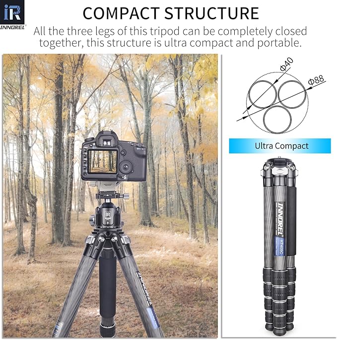 INNOREL KT405C Compact Carbon Fiber Camera Tripod 40mm Max Tube Professional 5 Sections Travel Tripod for Digital DSLR Video Camcorder Heavy Duty Camera Stand Load 77.2lb/35kg with Center Column