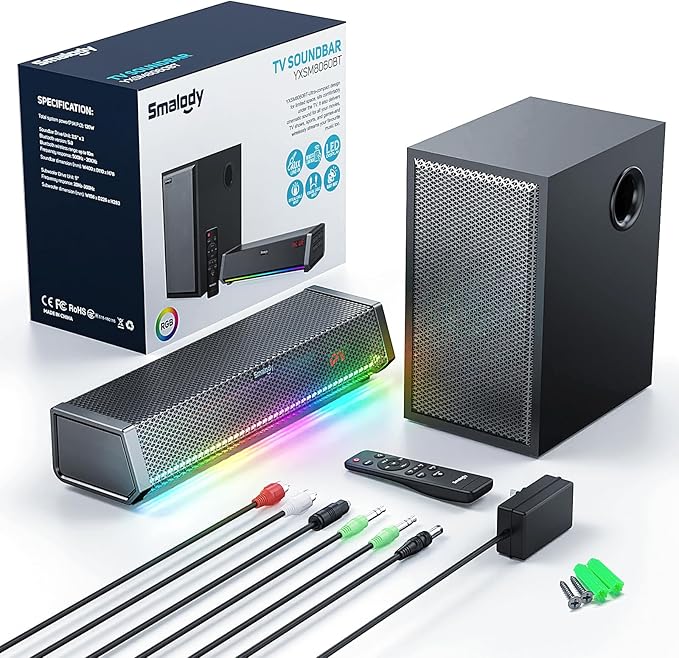 Smalody TV Speakers, Home Theater Speaker Wireless Audio Sound Bar TV Speaker + Bass Subwoofer, Bluetooth Enabled/Optical/AUX/COAXIAL Inputs/Remote Control