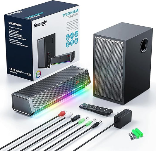 Smalody TV Speakers, Home Theater Speaker Wireless Audio Sound Bar TV Speaker + Bass Subwoofer, Bluetooth Enabled/Optical/AUX/COAXIAL Inputs/Remote Control