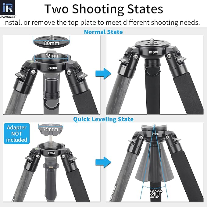 RT80C Carbon Fiber Tripod Professional Birdwatching Heavy Duty Camera 20kg max Load Bowl Tripod Birdwatching Camera Stand (Max Tube 32mm, Only Tripod)