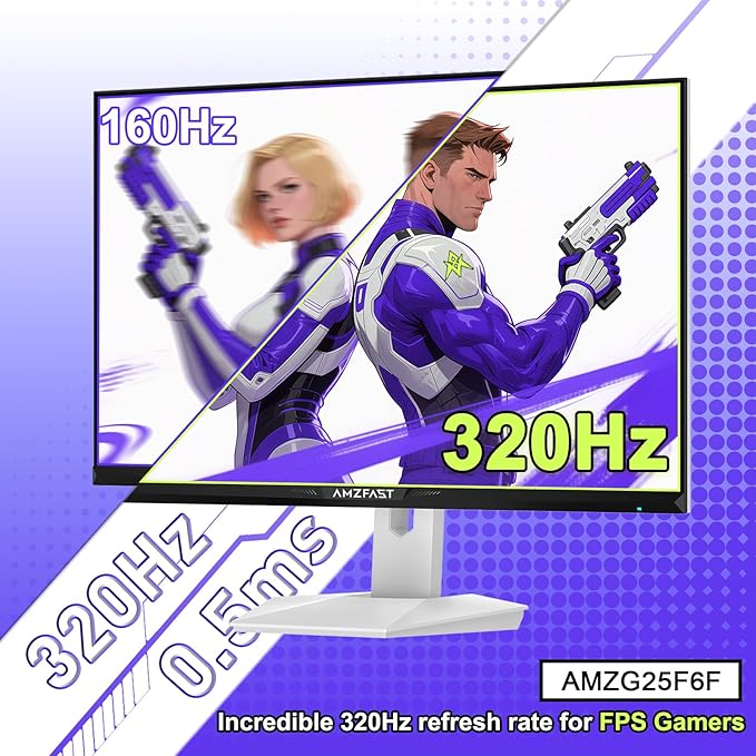 Amzfast 25 inch 320Hz/300Hz/240Hz White Gaming Monitor, FHD 1080P 0.5ms Fast IPS, TÜV Rheinland Eye Care| AI Crosshair, Adaptive Sync,Night Vision Function,Two Year Warranty Exchange(HDMI & DP Cable)
