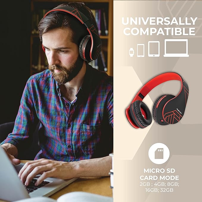 PowerLocus Bluetooth Over-Ear Headphones, Wireless Stereo Foldable Headphones Wireless and Wired Headsets with Built-in Mic, Micro SD/TF, FM for iPhone/Samsung/iPad/PC (Black/Red)
