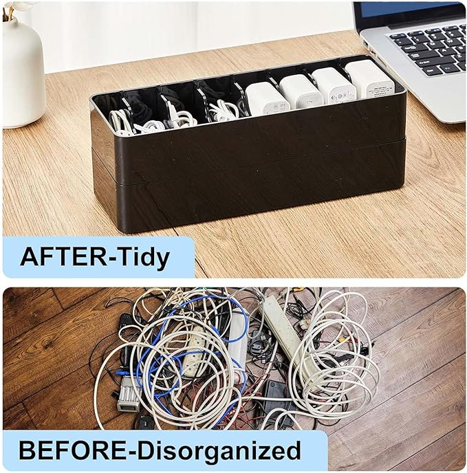 Tatuo 2 Pcs Cable Organizer Box with Wire Ties, Plastic Cord Storage Box with Lid, Electronics Organizer for Home Office Desk Organizers and Accessories (10.79'' X 3.78'' X 1.97'',Black)