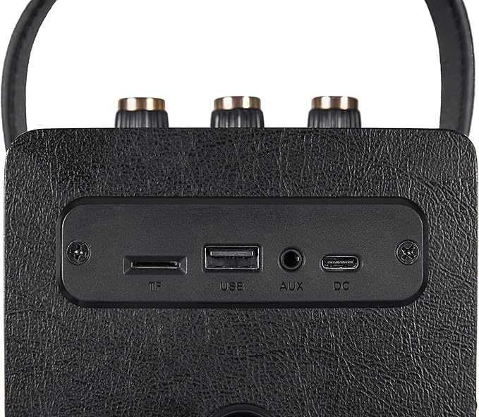 Fuse Andle Vintage Retro Bluetooth Speaker with Vegan Leather Handle | Portable Speaker with Smartphone Connection | USB & AUX Input | Stylish Black Wood Exterior