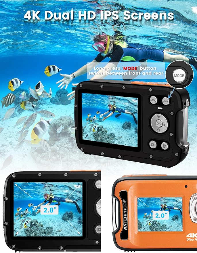 Underwater Camera 4K 48MP Autofocus Selfie Dual Screen Waterproof with Floating Strap and 32GB Card, 17FT Compact Waterproof Digital Camera for Snorkeling
