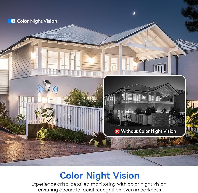 1080p WiFi Outdoor Security Camera with Solar Panel, Battery Powered, AI Motion Detection, Night Vision, Two Way Talk, IP65, Cloud Storage, Human Detection, 2.4GHz Only, Pan Tilt