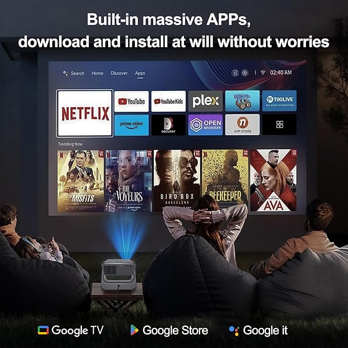 【Official Licensed GTV】Smart TV Projector with WiFi and Bluetooth, Outdoor Portable Projector Native 1080P, 800 ANSI, Voice Input, Auto Focus, 4K Supported, Mini FHD Home Movie Proyector iOS/Android