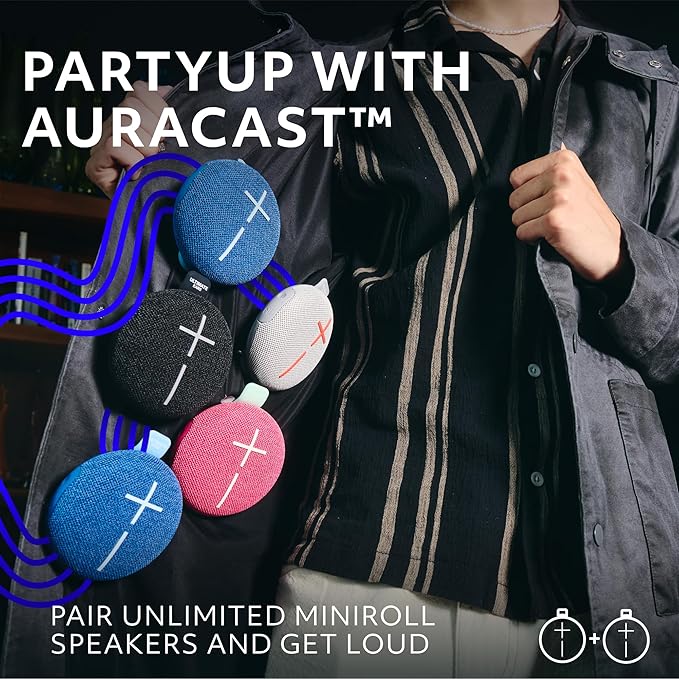 Ultimate Ears MINIROLL Ultra-Portable Waterproof Bluetooth Speaker, Big Bass, IP67 Dustproof, 131 ft Range - Gentle Pink