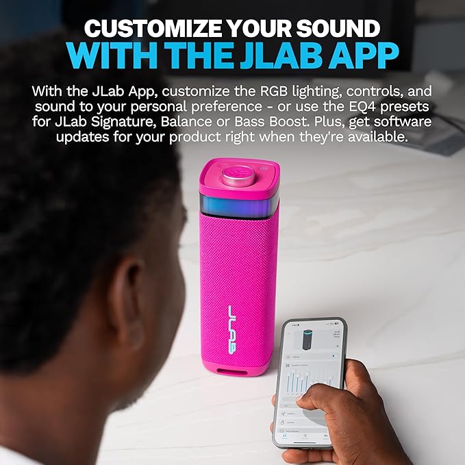 JLab JBuds Party Portable Bluetooth Speaker, 2 Full-Range Drivers + 2 Passive Woofers, IP56 Waterproof, 12 Hours Playtime, Connect Multiple Speakers, Custom Sound + RGB Lighting via App, Pink