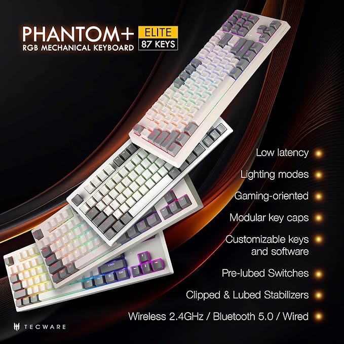 TECWARE Phantom+ Elite 87 Key RGB Mechanical Gaming Keyboard, LED Backlit, Universal Hot-Swap, Wired and Wireless, 3 Mode Connectivity, Thocky Sounding, White Elite Wraith Red