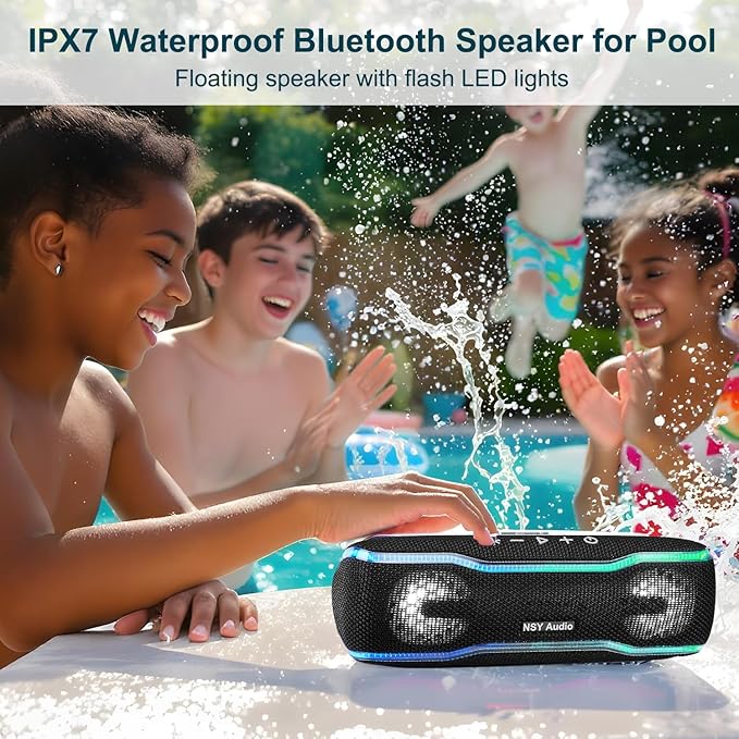 IPX7 Waterproof Bluetooth Speaker, 24H Playtime, LED Lights, Wireless Outdoor Speaker for Pool, Beach, Shower, Gifts, Blue
