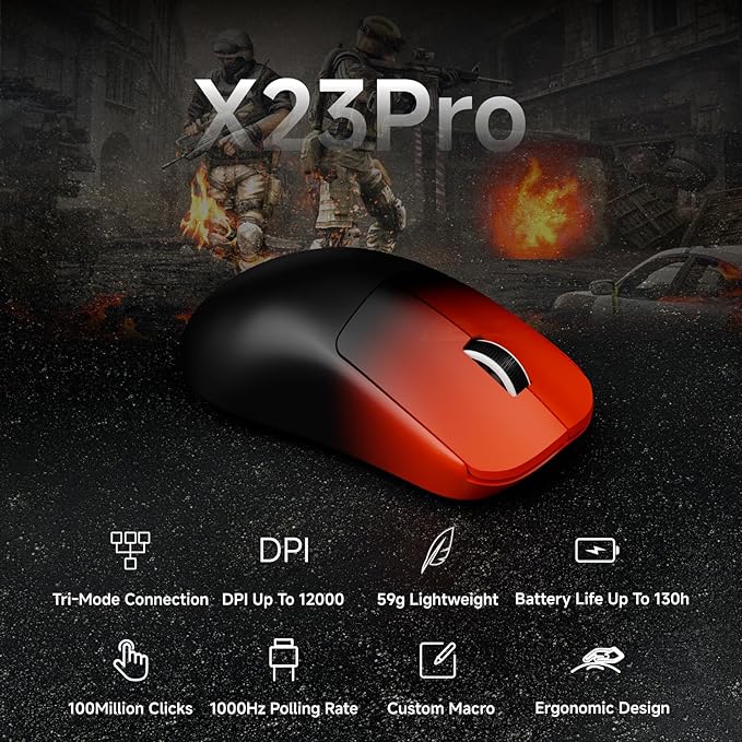 X23Pro Wireless Gaming Mouse, 2.4G/BT5.0/USB-C Esports Gaming Mouse, 800mAh Lightweight Mouse Gaming, 12000 DPI Wireless Mouse with 6 Programmable Buttons, for Laptop/PC/Mac, Black-red