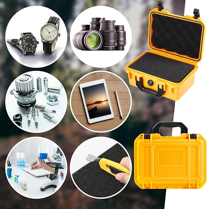 14.3 x 11.4 x 4.5 Inch Waterproof Hard Case with DIY Customizable Foam Insert Portable Protective Case with Knife for Camera Drones Equipments Tools Test Instruments (Yellow)