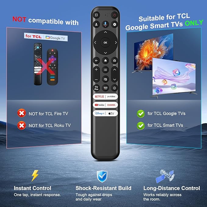 Voice Replacement Only for TCL Google TV Remote Control, RC813 Remote Compatible with TCL QM8/QM7/S5/S4/S3/Q7/Q6/Q5 4K UHD HDR LED QLED QD-Mini LED Full-HD Smart TVs (Not for Fire&Roku TVs)