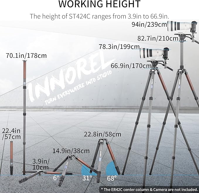 Carbon Fiber Tripod INNOREL ST424C Professional Heavy Duty Camera Stand with 75mm Bowl Adapter 42.4mm Tube, Max Load 92.6lbs/42kg,Max Height 66.9in/170cm for DSLR Camcorder Travel Shooting Bowl Tripod