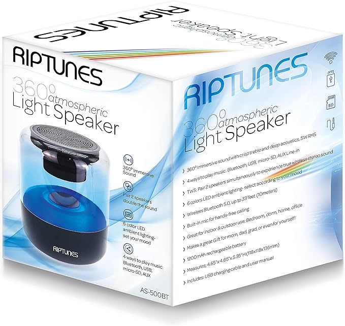 Riptunes 360° Portable Atmospheric Light Bluetooth Speaker, 6 LED Color Lights, Wireless Stereo Speaker, Built-in Mic, Perfect for Dorm/Home/Office/Outdoor