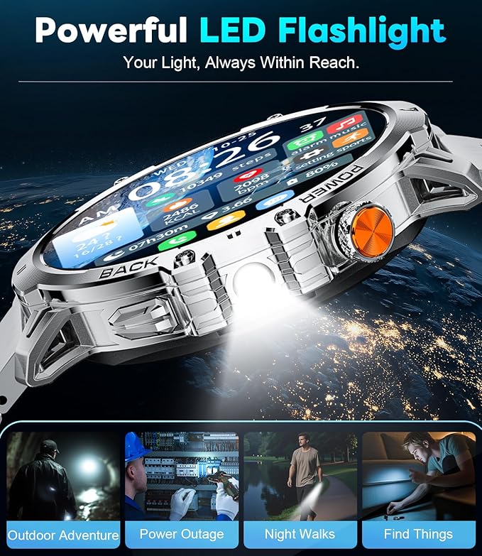 LIGE Military Smart Watches for Men(2 Bands),1000mAh/1.85" HD Large Screen Smartwatch, Flashlight/110+ Sports Modes/IP68 Waterproof/Sleep Monitor, Fitness Tracker Watch for Android iOS,Silver