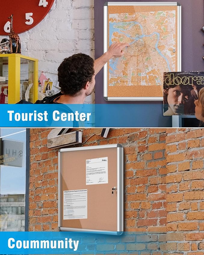 2 Pack 38"x28" Enclosed Bulletin Board, Lockable Weather-Resistant Aluminum Cork Noticeboard for School & Office, Silver Frame w/Cork