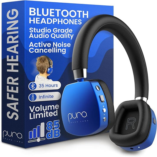 Puro Sound Labs PuroQuiet Plus Noise Cancelling Headphones for Kids, Bluetooth Kids On Ear Headphones with Mic, Lightweight On-Ear Design, Studio-Grade Sound (Blue)