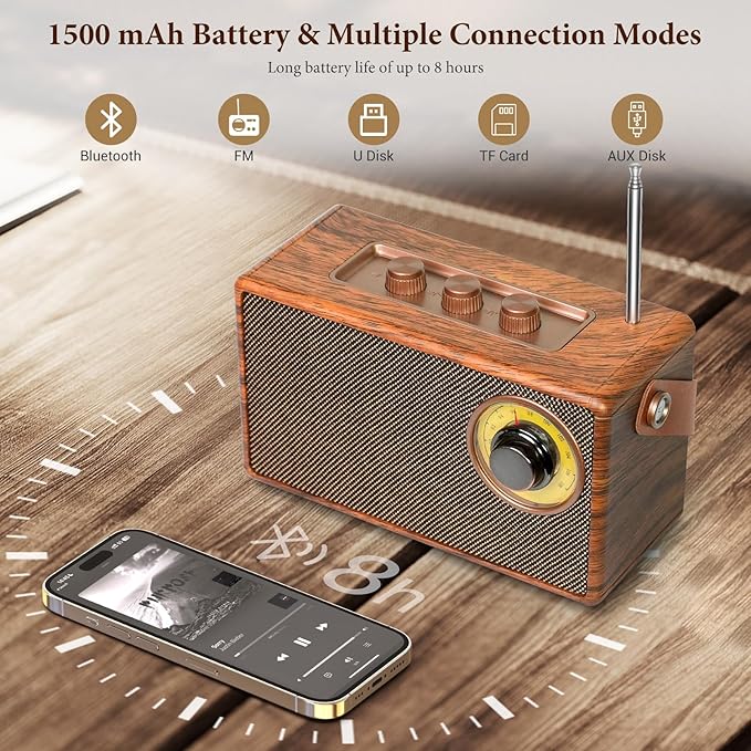 FREEFISH Portable Retro Speaker Bluetooth Radio Vintage Decor with FM Radio Rich Bass Bluetooth Speakers 5.3 Wireless Connection,TF Card, AUX for Home Office Bedroom