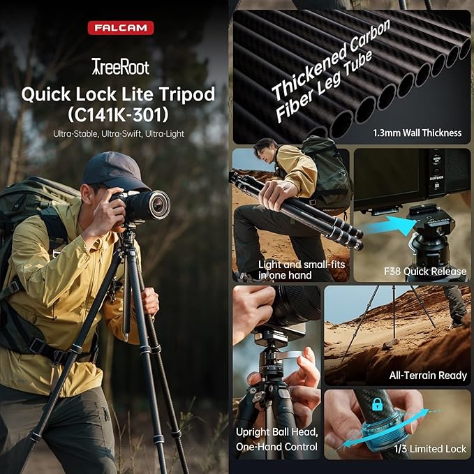 FALCAM TreeRoot Lite F38 Quick Lock Carbon Fiber Travel Tripod with Ball Head Load Capacity 3kg/6.6lbs, Max Vertical Payload 40Kg/88lbs for Cameras (C141K-301)
