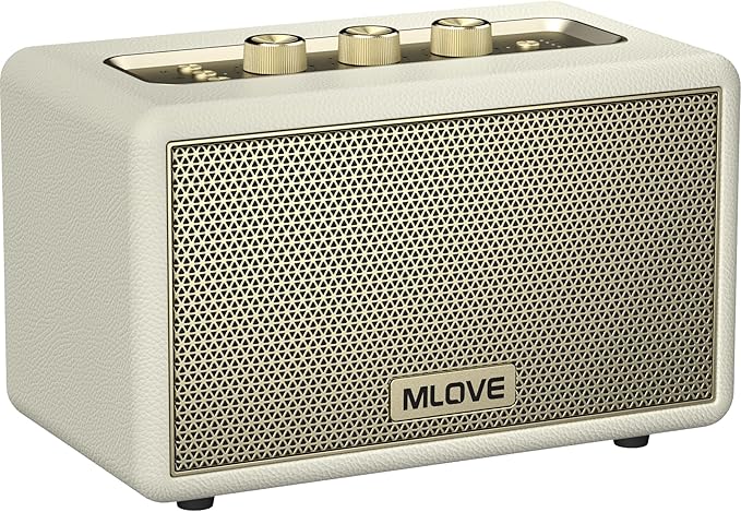 MLOVE A200 Portable Retro Bluetooth Speaker with Aux Input, USB Port, Micro SD Card Slot - Decorative Wireless Bookshelf Speakers for Home & Office, Battery Powered, White and Gold