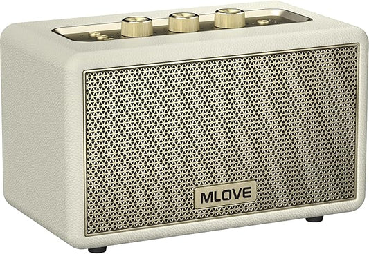 MLOVE A200 Portable Retro Bluetooth Speaker with Aux Input, USB Port, Micro SD Card Slot - Decorative Wireless Bookshelf Speakers for Home & Office, Battery Powered, White and Gold