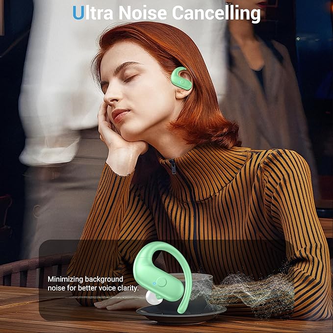 for Wireless Earbuds,Sport Bluetooth 5.4 Headphones,Over Ear Buds with Deep Bass Sound,60H Playtime Clear Calls Earphones Redesigned Comfort Fit with Earhooks for Running,Meeting,Workout-Green