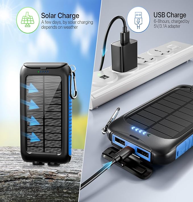 Solar Charger Power Bank 49800mAh - Portable Fast Charging Power Bank with Type-C & Dual USB Ports, Compatible with iPhone, Samsung & More, Waterproof Solar Panel for Camping, Hiking, and Outdoor Use