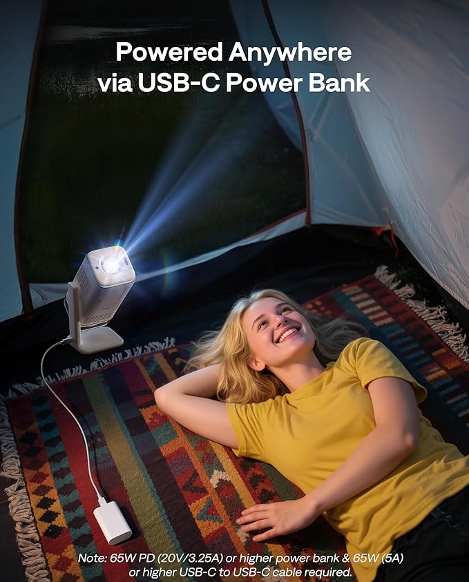 Aurzen BOOM Air Google TV Portable Projector with WiFi and Bluetooth, USB-C Powered, Smart Projector for Outdoor & Home Movie, 4K Supported, Real-Time Focus, Dolby Audio, Adjustable Stand, Off-White