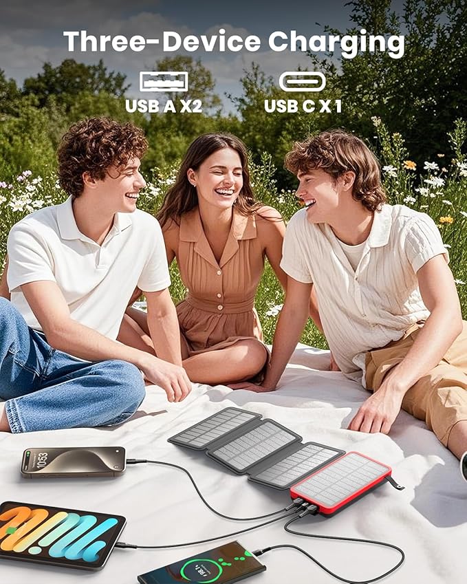 Hiluckey Solar Charger 25000mAh, Outdoor USB C Portable Power Bank with 4 Solar Panels, 3A Fast Charge External Battery Pack with 3 USB Outputs Compatible with Smartphones, Tablets, etc. (Red)