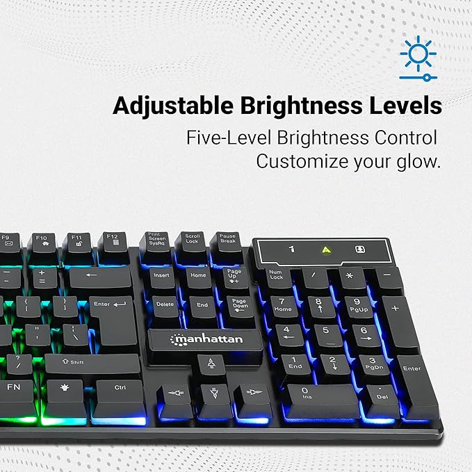 MANHATTAN RGB LED USB Gaming Keyboard - Full Size, Rainbow Backlight, Spill-Resistant, Quiet Keystrokes, 12 Multimedia Function Keys, for Computer, PC, Desktop, Gamer – 3 Yr Mfg Warranty - 180603