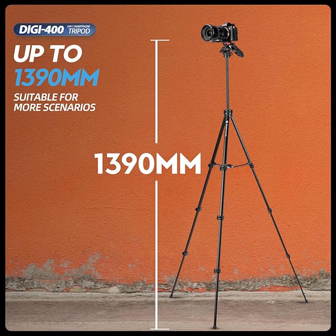 Fotopro 55” Camera Tripod 2in1 Hidden Cold Shoe Phone Clip Portable Travel Tripod Stand with Fluid Video Head, 1.5lbs Lightweight Aluminum Max Load 6.6lbs