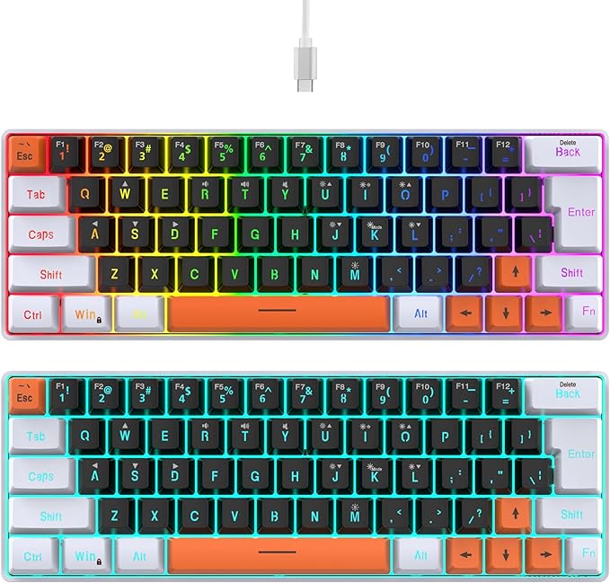 Snpurdiri 60 Percent Wired Gaming Keyboard, 63 Keys RGB Backlit Small Gaming Keyboard for PC, Gamer, Typist, Travel, Easy to Carry on Business Trip(Black-White-Orange)