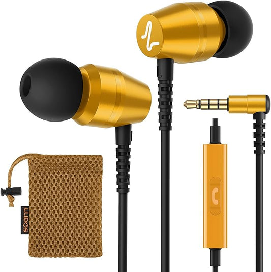 LUDOS OMNITONE Wired Earbuds in-Ear Headphones, 5 Year Warranty, Earphones with Microphone, 3.5 mm Jack Corded Ear Buds, Videoconference for iPhone, Samsung, Laptop, Kids, School Students - Gold