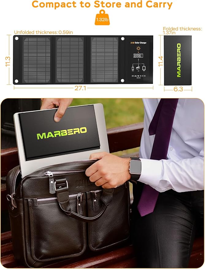 MARBERO 21W Portable Solar Panel Foldable Solar Panel Charger IP65 Waterproof Solar Panels 23% High Efficiency Fast Charger USB Ports & DC 18V Output for Camping Outdoor Travel Emergency Cloudy