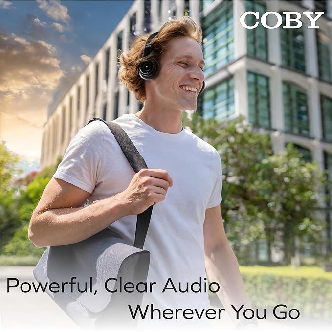 Coby Bluetooth Headphones, Rechargeable and Foldable Over-Ear Headset with Mic, TF Card Slot and AUX Input, Hands-Free Controls, 5-Hour Playback, Micro-USB Cable Included, Black