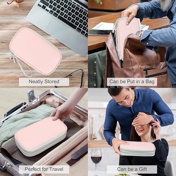 FYY Electronic Organizer, Travel Cable Organizer Bag Pouch Electronic Accessories Carry Case Portable Waterproof Double Layers Storage Bag for Cable, Cord, Phone, Earphone, Large Size, Light Pink