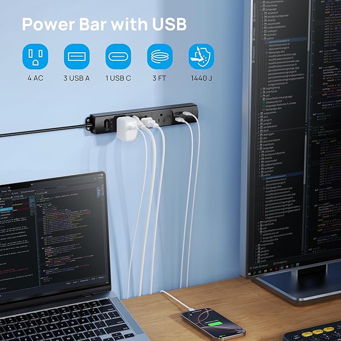 TROND Surge Protector Power Strip with USB, Ultra Thin Flat Plug 3ft Extension Cord 1625W, 3 USB A & 1 USB C, 4 AC Outlets 1440J Surge Protection, ETL Listed, Wall Mount for Home Office Dorm, Black