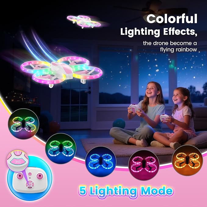 Mini Drone for Girls and Beginners with Fancy LED & Altitude Hold,Birthday Gift for Kids 8-12,Pink RC Drone with Propeller Protection,360°Flips,3 Speed Mode,Indoor Outdoor RC Quadcopter Toy