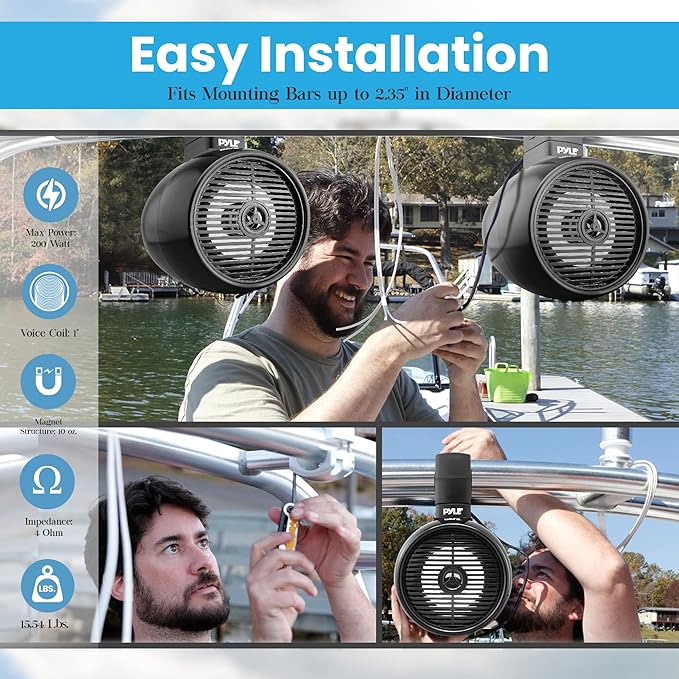 PyleUsa 6.5” Waterproof Off-Road Speakers - 200W 2-Way Marine Wakeboard Tower Sound System w/ LED Light, Full Range Outdoor Stereo Speaker for Car, ATV, UTV, Jeep, Boat, Includes Brackets (Black)