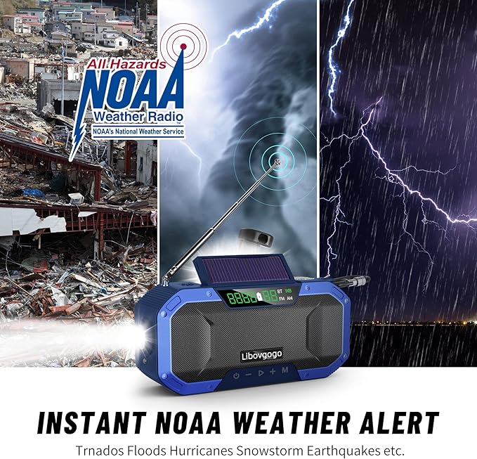 Bluetooth Hand Crank Emergency Solar Powered Radio,Waterproof Portable NOAA Weather AM FM Radio Speaker,Wind Up Flashlight Phone Charger,5000mAH Battery Operated for Storm,Outage,Hurricane,Survival