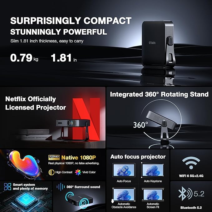 【Netflix-Licensed Projector & Native 1080P】Thinnest 1.81" Smart Mini Projector with WiFi and Bluetooth, Auto Focus & Keystone Portable Outdoor Projector, VOPLLS 4K Support Home Movie Projector