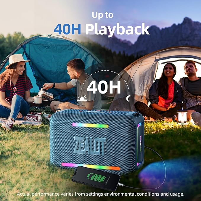 ZEALOT Bluetooth Speaker, 120W Loud Wireless Speakers IPX6 Waterproof Bluetooth Subwoofer Speaker with LED Light, Custom EQ, 40H Playtime, Portable Speakers for Outdoor, Party