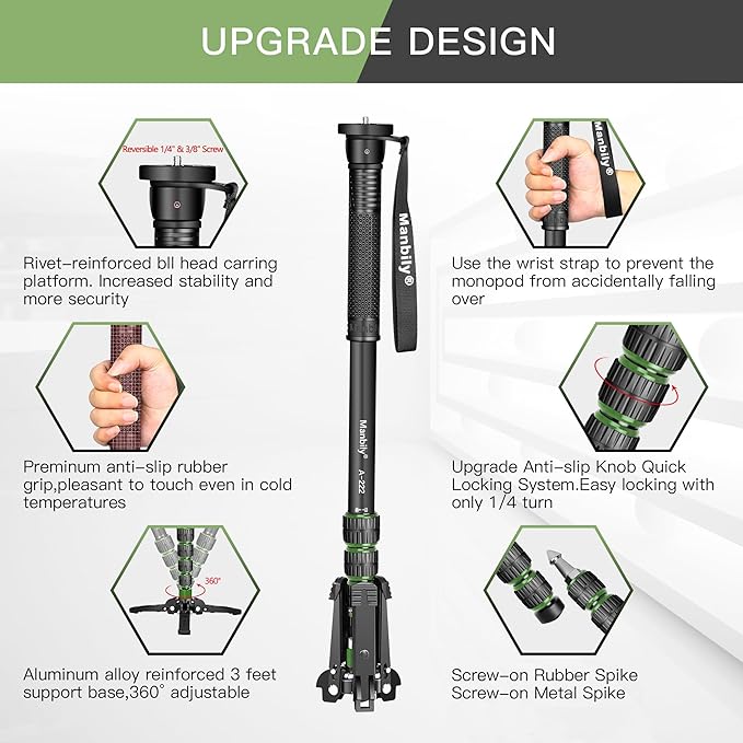 Manbily Camera Monopod with Feet, Aluminum Portable Travel Monopod with Removable Tripod Stand Base for DSLR Canon Nikon Sony Video Camcorder (Green)